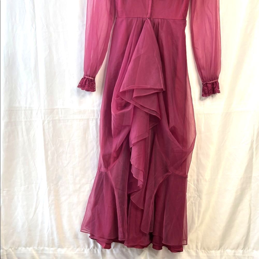 Vintage 1970s Magenta Chiffon Long Sleeve Victorian Maxi Dress XS Prairie - Picture 10 of 13
